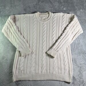 VTG Hand knit Cable Knit Sweater Mens Large Cream Fisherman Crewneck Pullover